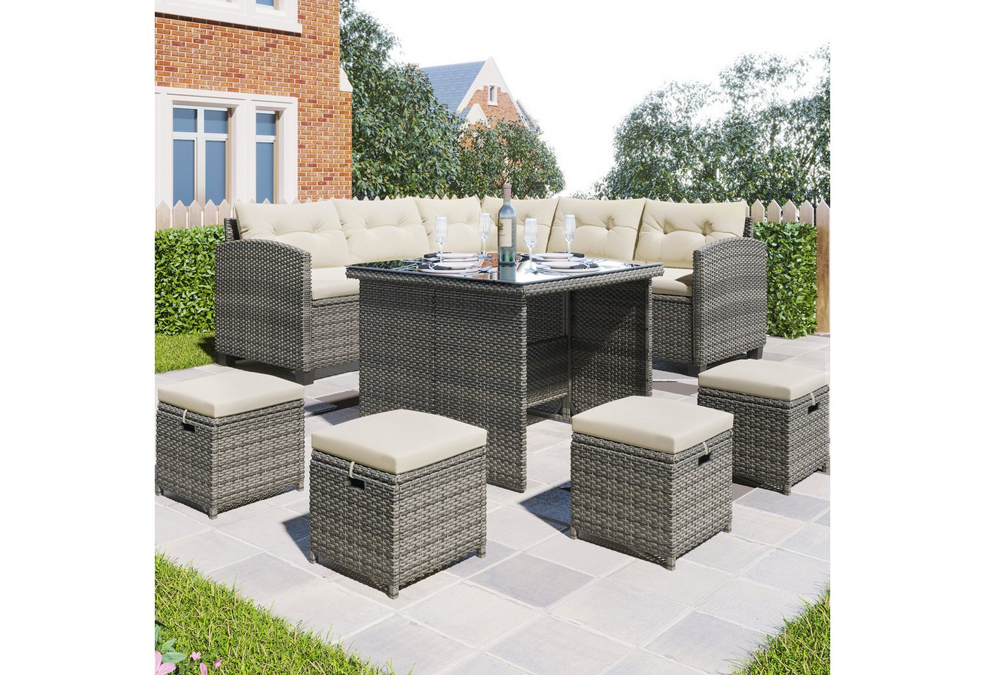 Tongtong Gartenlounge-Set für 6-10 Personen mit Esstisch und Stuhl und 4 Ottomanen, (mit zwei Sofas, 4 Hockern, einem Tisch und genügend Kissen), graues Korbgeflecht + beige Kissen von Tongtong