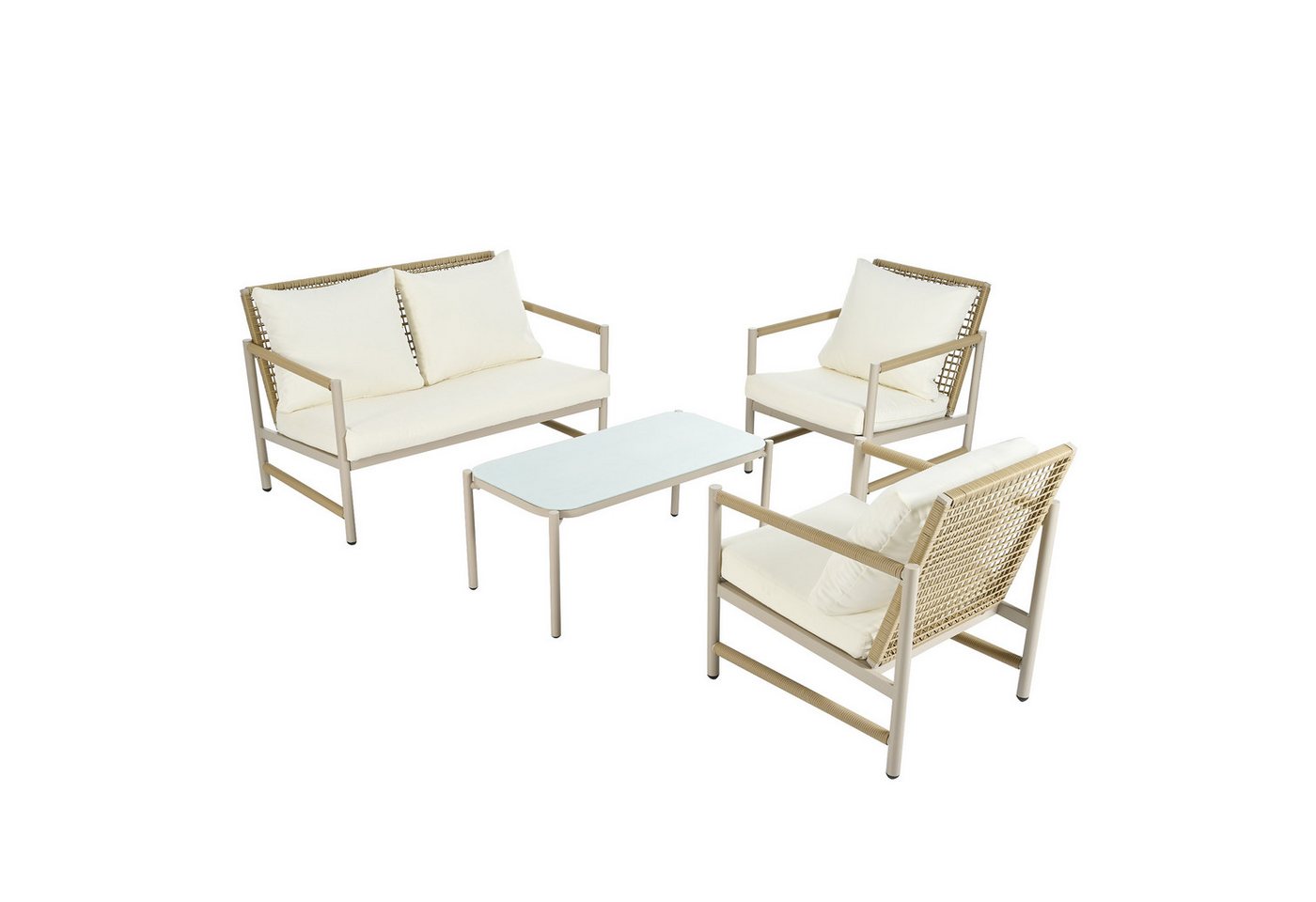 Tongtong Gartenlounge-Set mit verzinktem Stahlgestell Glastischplatte, PE-Rattan, beige, (2-Sitzer-Sofa, 2 Einzelstühle, 1 Tisch, inklusive Kissen) von Tongtong