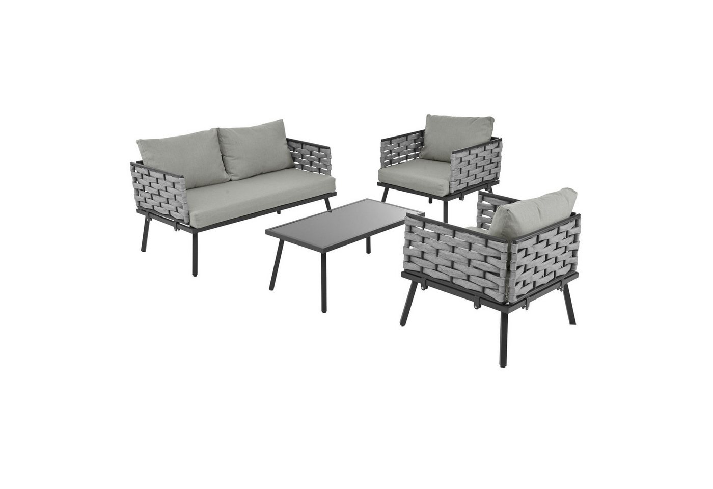 Tongtong Gartenlounge-Set mit verzinktem Stahlgestell Tischplatte aus Glas, dickes PE-Rattan, (2-Sitzer-Sofa, 2 Einzelstühle, 1 Tisch, inklusive Kissen), Grau von Tongtong