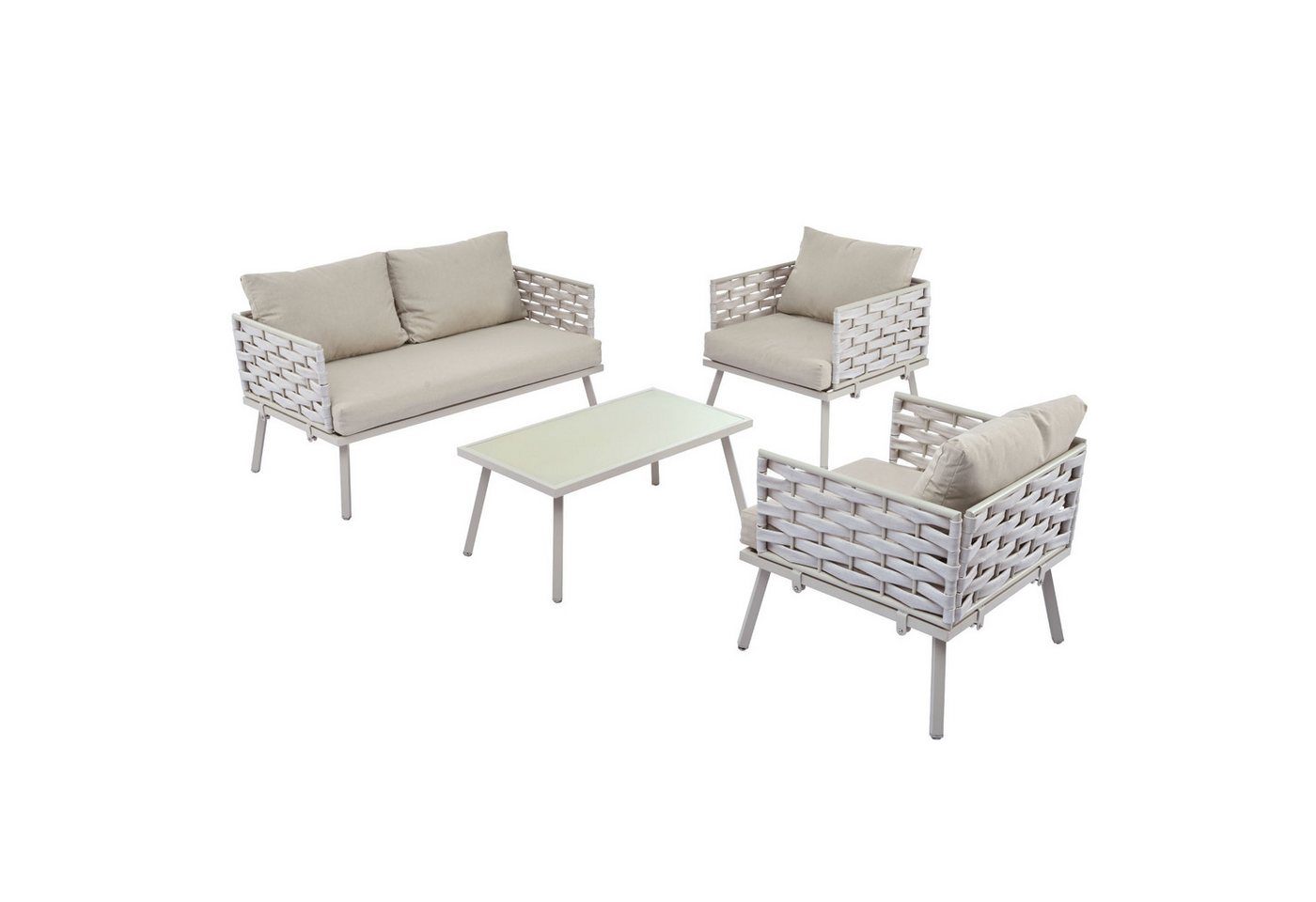 Tongtong Gartenlounge-Set mit verzinktem Stahlgestell Tischplatte aus Glas, dickes PE-Rattan, (2-Sitzer-Sofa, 2 Einzelstühle, 1 Tisch, inklusive Kissen), Weiß von Tongtong