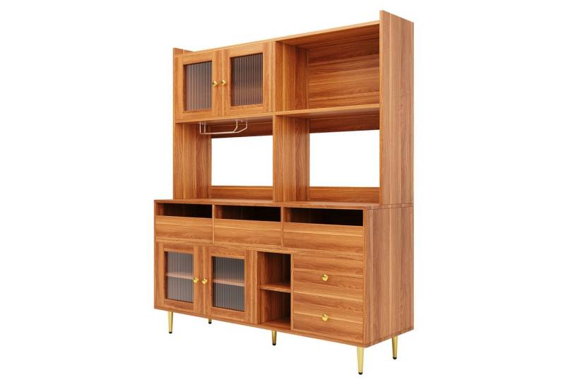 Tongtong Hochschrank,mehrschichtigem Stauraum, Holzstruktur und Golddekoration (geeignet für Restaurants) mit Changhong-Glastür, 145 x 39 x 171 cm, Walnussbraun von Tongtong