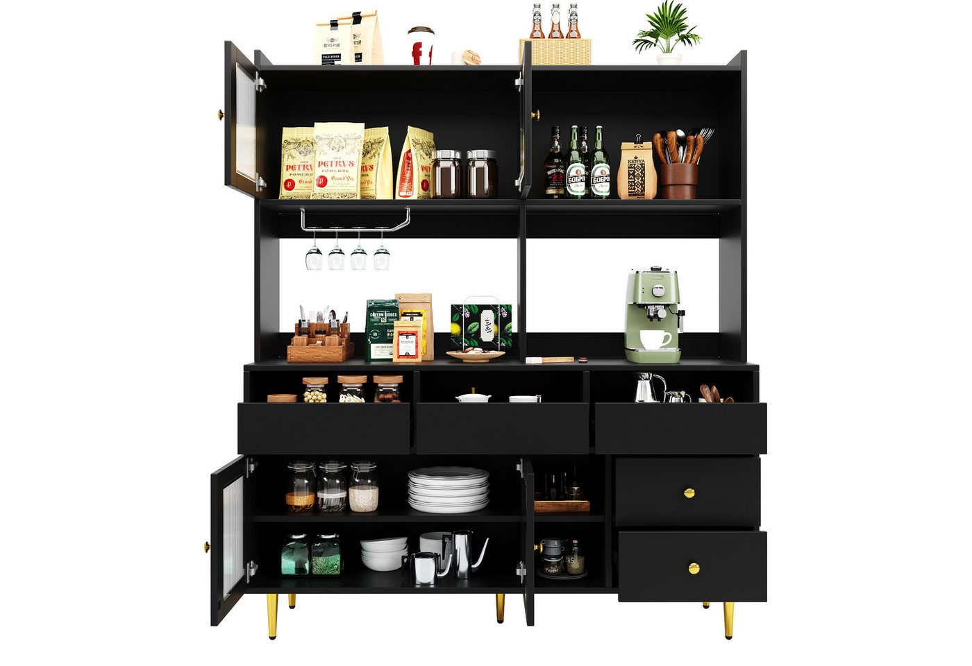 Tongtong Hochschrank mehrschichtigem Stauraum, Holzstruktur und Golddekoration (geeignet für Restaurants) mit Changhong-Glastür, 145 x 39 x 171 cm, Schwarz von Tongtong