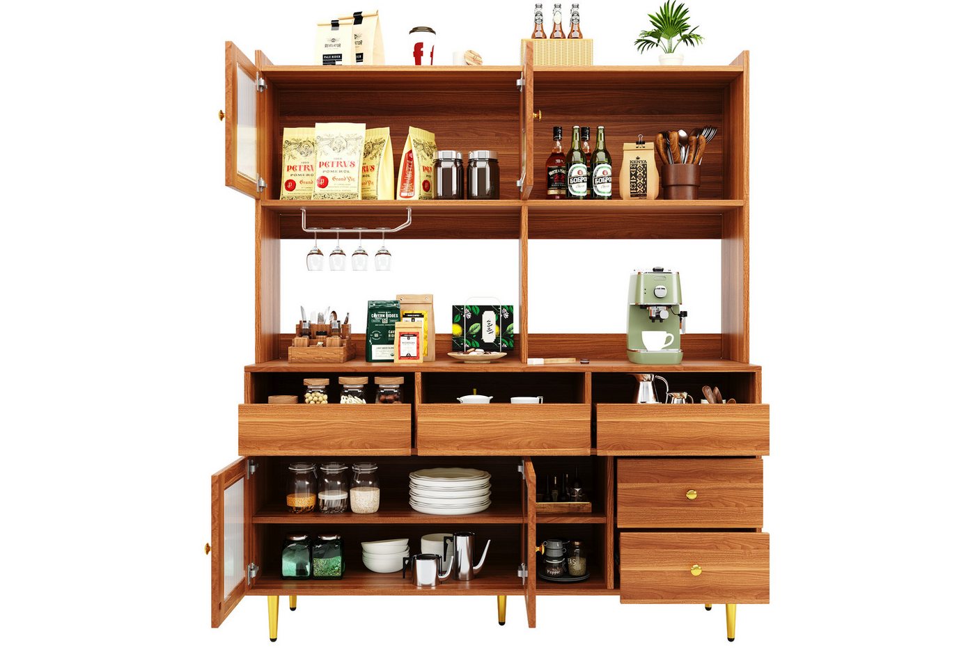Tongtong Hochschrank mehrschichtigem Stauraum, Holzstruktur und Golddekoration (geeignet für Restaurants) mit Changhong-Glastür, 145 x 39 x 171 cm, Walnussbraun von Tongtong