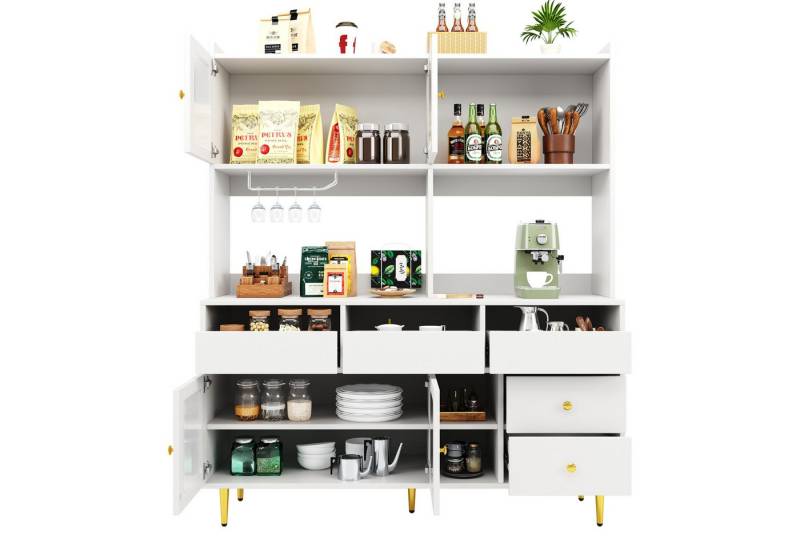 Tongtong Hochschrank mehrschichtigem Stauraum, Holzstruktur und Golddekoration (geeignet für Restaurants) mit Changhong-Glastür, 145 x 39 x 171 cm, Weiß von Tongtong