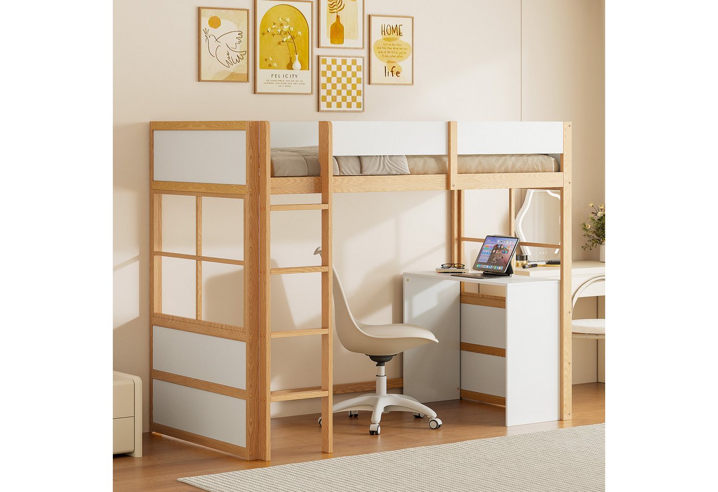 Tongtong Kinderbett,Einzelbett,Sicherheitstreppe, mit Tisch, Hochbett aus Holz, 90*200cm, Weiß+Natur Tongtong Kinderbett,Einzelbett,Sicherheitstreppe, mit Tisch, Hochbett aus Holz, 90*200cm, Weiß+Natur von Tongtong