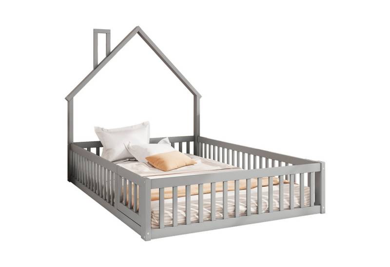 Tongtong Polsterbett, Kinderbett mit Schornsteinform, 140 x 200 cm, Bett mit Lattenrost (ohne Matratze), Kiefernholz, Grau von Tongtong