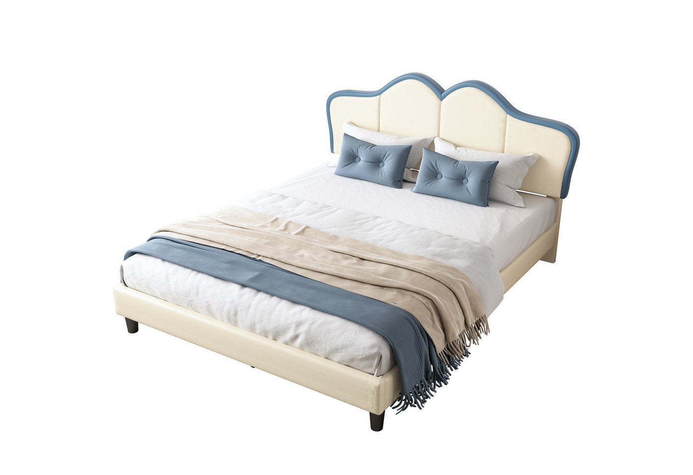 Tongtong Polsterbett Kinderbett,Einzelbett, mit weichen Schutzkanten (Bis 270 kg belastbar, 140x200cm), Stabile Bettfüße, Elegantes gepolstertes Kopfteilprofil, PU,Weiß+Blau von Tongtong