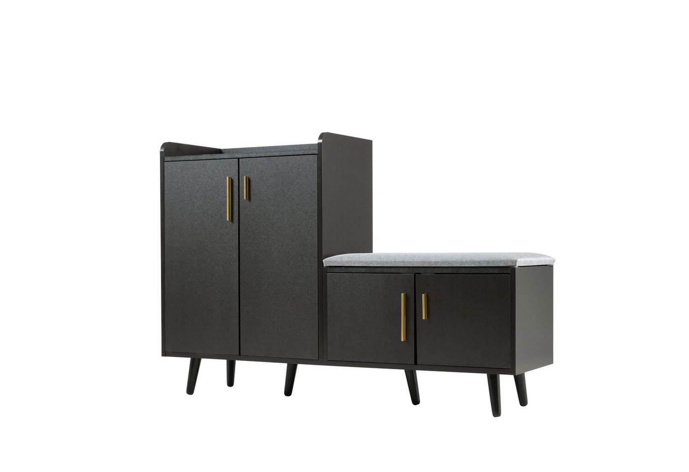 Tongtong Schuhschrank Moderner Schuhbänke mit Holzmaserung, asymmetrischen Metallgriffen (Schuhtruhe Sitzbank mit vier Stauraumtüren, 1-St., 4 Türen, 120x34x82cm) mit Sitzbank, asymmetrischen Metallgriffen,Schwarz von Tongtong