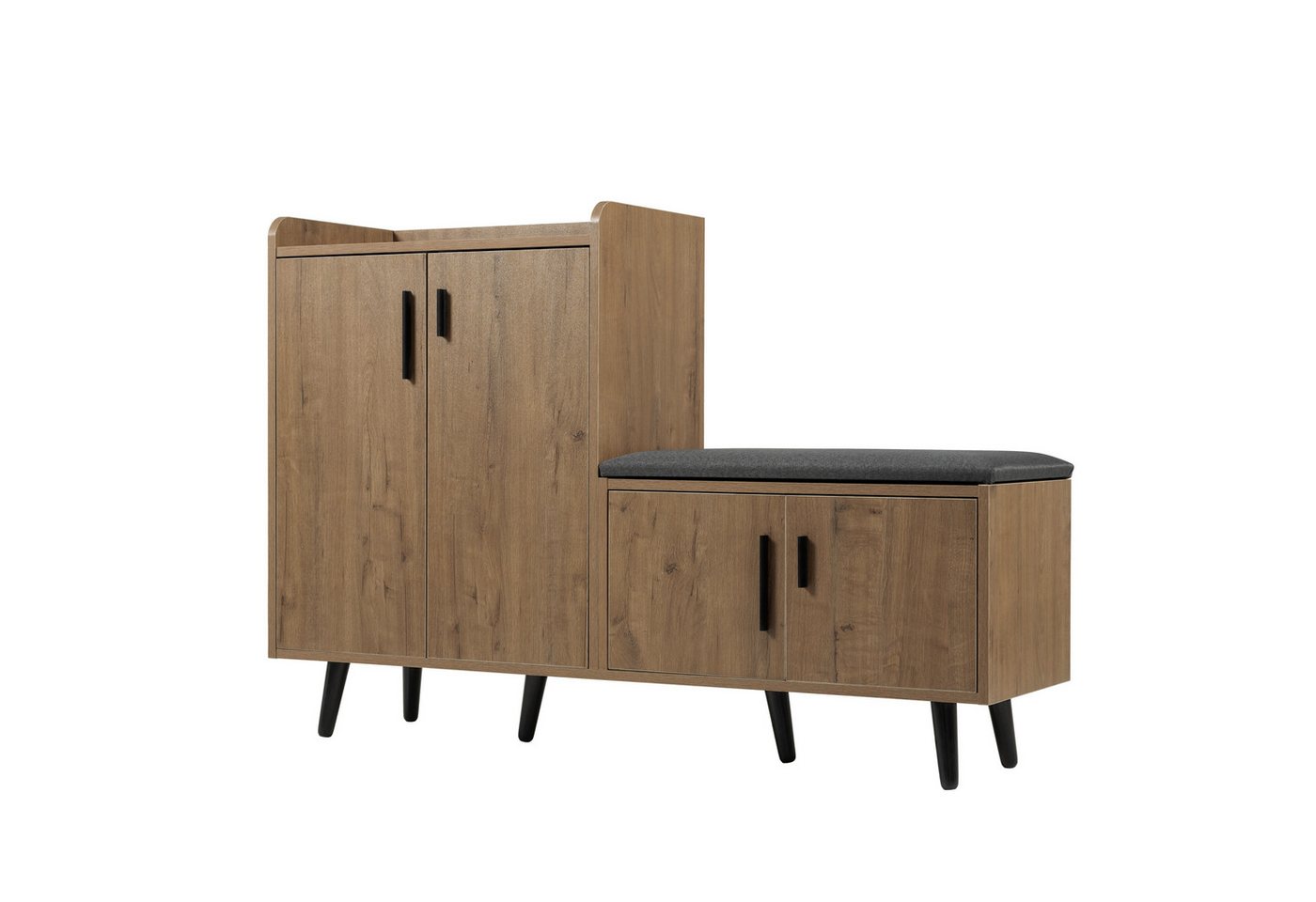 Tongtong Schuhschrank Moderner Schuhbänke mit Holzmaserung, asymmetrischen Metallgriffen (Schuhtruhe Sitzbank mit vier Stauraumtüren, 1-St., 4 Türen, 120x34x82cm) mit Sitzbank, verstellbare Böden, asymmetrischen Metallgriffen,Natur von Tongtong
