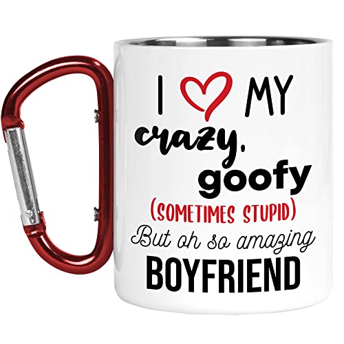 Karabiner-Tasse | Camper Cup | Thermobecher | I Love My Crazy Goofy Boyfriend | Valentinstag Couple Colleague Outdoor Walking | CMBH298 von Tongue in Peach