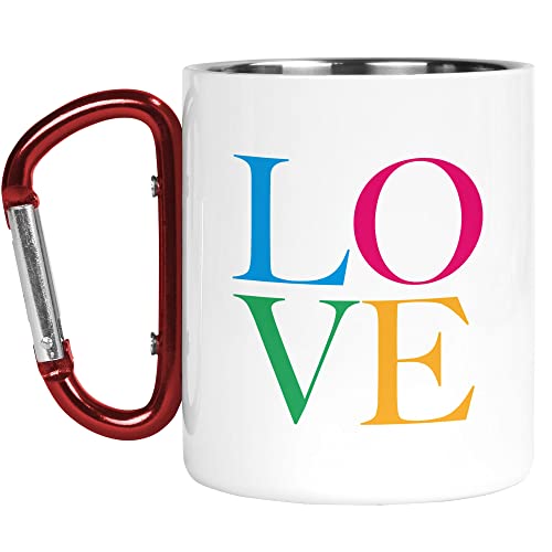 Karabiner Tasse | Camper Cup | Thermobecher | L O V E Love Design Zitat Farben für Sie Wichteln | Naturliebhaber | Outdoor Walking CMBH93 von Tongue in Peach