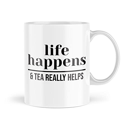 Lustige Tassen | Life Happens & Tea Really Help Mug | Neuheit Tasse Kaffee Koffein Bestie Arbeit Büro Witz Banter Tired Stress | MBH2097 von Tongue in Peach