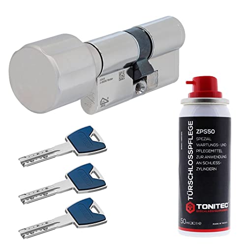 ToniTec Set aus ABUS Schließzylinder EC880 inkl. 3 Schlüssel modular verschiedenschließend Knaufzylinder 30/30K|Türzylinder Sicherheitsschloss mit Sicherungskarte und ToniTec Pflegespray von ToniTec