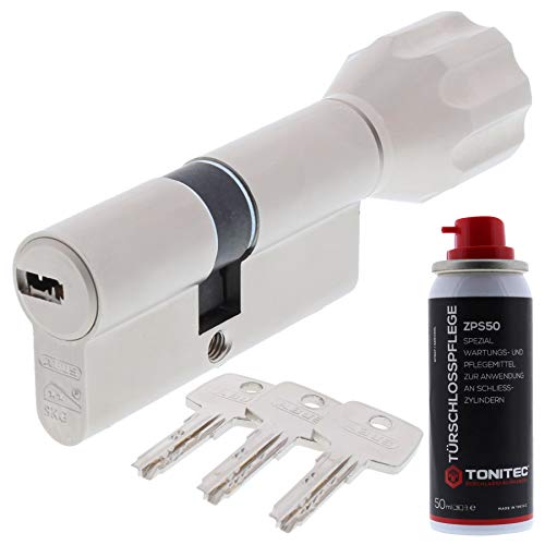 ToniTec Set aus ABUS Zylinderschloss als Knaufzylinder mit Knauf ECK550 mit 3 Schlüssel Größe 50 65K mm + ToniTec Pflegespray von ToniTec