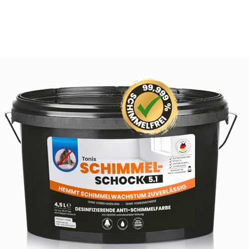 Tonis SCHIMMELSCHOCK Anti-Schimmel-Farbe 4,5 Liter Wandfarbe | Effektive, zuverlässige Sofortwirkung, desinfizierende Wandfarbe für ca. 18 m² | 99,999% antimikrobielle Wirkung [weiss] von Tonis SCHIMMELSCHOCK