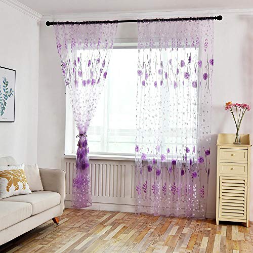 Tonsee Transparent Voile Gardinen Mode Blumen Gedruckt Durchsichtig Vorhänge mit Ösen für Wohnzimmer Schals Schlafzimmer Vorhänge Kinderzimmer Dekoschals Für Große Fenster 1paar,200cm x 100cm (Lila) von Tonsee Haushalt & Wohnen