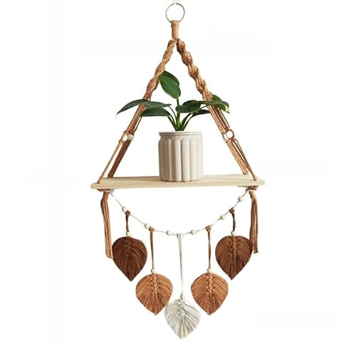 Tonsitian Makrame Wandhängeschelf Wand Pflanzenbügel 39 x 86cm Braunes Boho Wandpflanzenregal mit Handgewebten Blättern, Baumwollseil Pflanzenhalter für Deko an der Wohnwand von Tonsitian