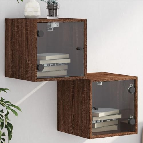 2er-Set Nachttische Braun Eichen-Optik, Wandmontage Beistelltisch mit Glastüren, Kommode für Schlafzimmer, 35x37x35 cm Möbel von Tonture