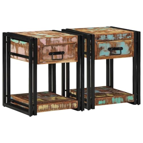 Nachttisch 2er-Set aus recyceltem Massivholz, 40x40x50 cm, mit Schublade & Regal, robuster Stahlrahmen, Vintage Landhaus Stil für Schlafzimmer von Tonture