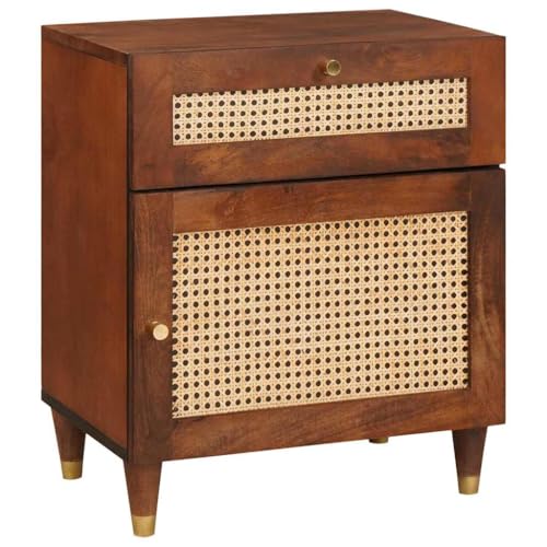 Nachttisch Braun aus Rohr und massivem Mangoholz, 50x33x60 cm, mit Schublade und offenem Regal für Schlafzimmer, Küstenstil von Tonture