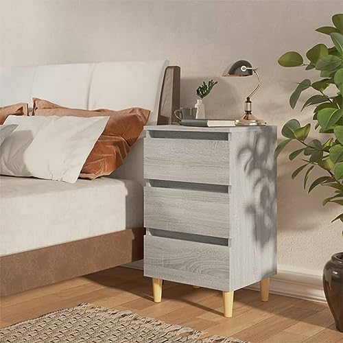 Nachttisch mit Massivholz-Beinen, Grau Sonoma, 40x35x69 cm, skandinavisches Design, 3 Schubladen, Stabiler Beistelltisch für Schlafzimmer und Wohnraum von Tonture