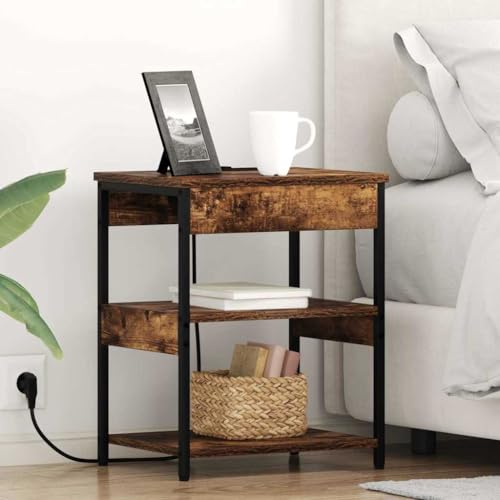 Tonture 2er Set Nachttische Räuchereiche, 41x31x51cm, mit Steckdosen und viel Stauraum, Moderne Holzwerkstoff-Beistelltische für Schlafzimmer von Tonture
