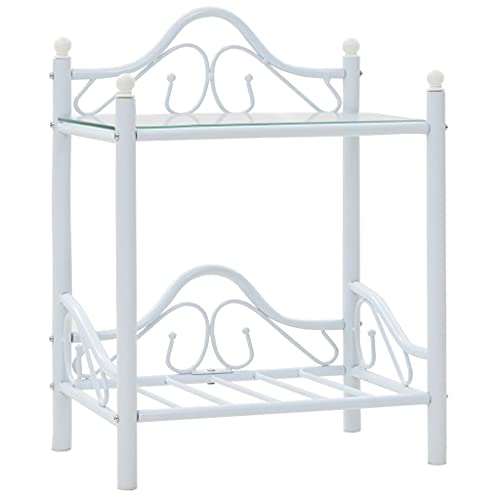 Tonture Eleganter Nachttisch aus Stahl und gehärtetem Glas, 45x30,5x60 cm, Weiß, mit 2 Ablagen für Schlafzimmer und Wohnzimmer von Tonture
