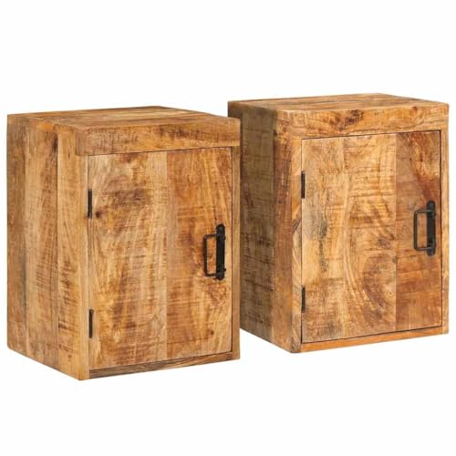 Tonture Nachttisch 2er-Set, Braun, 35x33x48 cm, Massives Mango-Holz, Rustikaler Beistelltisch mit Stauraum für Schlafzimmer und Wohnzimmer von Tonture