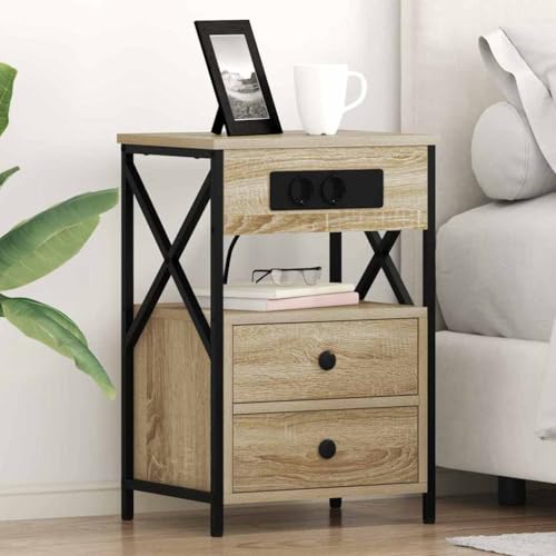 Tonture Nachttisch 2er-Set, Sonoma Eiche, 40x31x60 cm, Holzwerkstoff, robuster Beistelltisch mit Schubladen und Regal, eleganter Nachtschrank für Schlafzimmer und Wohnraum von Tonture