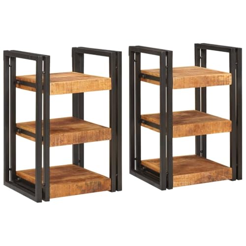 Tonture Nachttisch 2er-Set aus massivem Mango-Holz, Braun & Schwarz, 38x33x58cm, mit 6 Regalen, vielseitiger Beistelltisch für Schlafzimmer & Wohnzimmer, einfacher Aufbau von Tonture