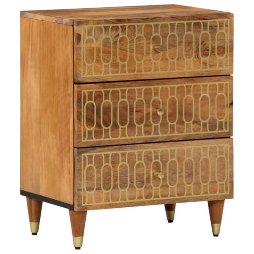 Tonture Nachttisch 50x33x62 cm, Massivholz Mango mit honigbraunem Finish, 3 Schubladen, handgeschnitztes Blumenmuster, stabiles Eisen-Gestell, Elegantes Schlafzimmer-Möbelstück von Tonture