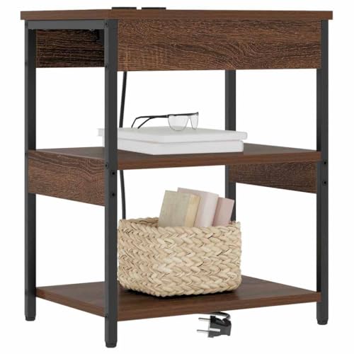 Tonture Nachttisch Braune Eiche 41x31x51cm, Holzwerkstoff, Beistelltisch für Schlafzimmer & Wohnzimmer mit 2 Regalen, Steckdosen Ladestation von Tonture