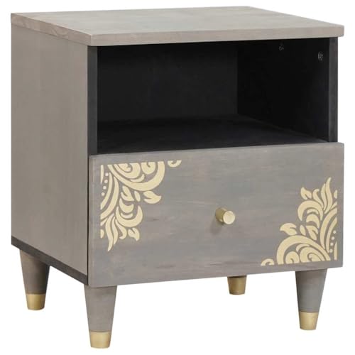 Tonture Nachttisch Grau Massives Mangoholz, 40 x 33 x 46 cm, Handbemalte Front, Langlebiger Beistelltisch mit Regal, Ideal für Schlafzimmer und Wohnzimmer von Tonture