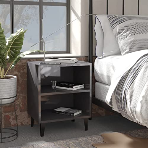 Tonture Nachttisch Hochglanz-Grau, 40x30x50 cm, mit stabilen Metallbeinen, industriellem Design, ideal als Beistelltisch für Schlafzimmer und Wohnzimmer, bietet viel Stauraum von Tonture