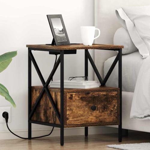 Tonture Nachttisch Räuchereiche 41,5x40,5x55cm, moderner Holzwerkstoff Beistelltisch mit Schublade, Stabiler Schlafzimmer Nachttisch für Lampe und Wecker, praktischer Stauraum von Tonture