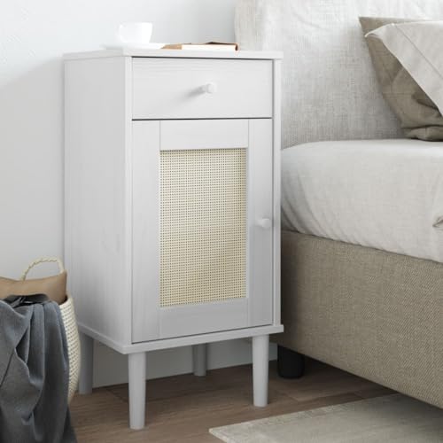 Tonture Nachttisch SENJA, Rattan-Look Weiß, 40x35x80 cm, Massivholz Kiefer, UV-Lackierung, Schlafzimmer Möbel mit Schublade und Stauraum von Tonture