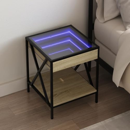 Tonture Nachttisch Sonoma-Eiche 40x40x49 cm mit Infinity-LED-Beleuchtung, robustem Metallgestell und 40 kg Belastbarkeit, ideal für Schlafzimmer und Wohnzimmer von Tonture
