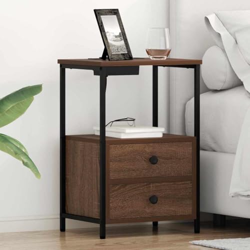 Tonture Nachttisch mit Ladestation, Braune Eiche Holzwerkstoff, 40 x 31 x 60 cm Beistelltisch mit 2 Schubladen für Schlafzimmer, Wohnzimmer, Büro, Stabiler Nachtschrank von Tonture