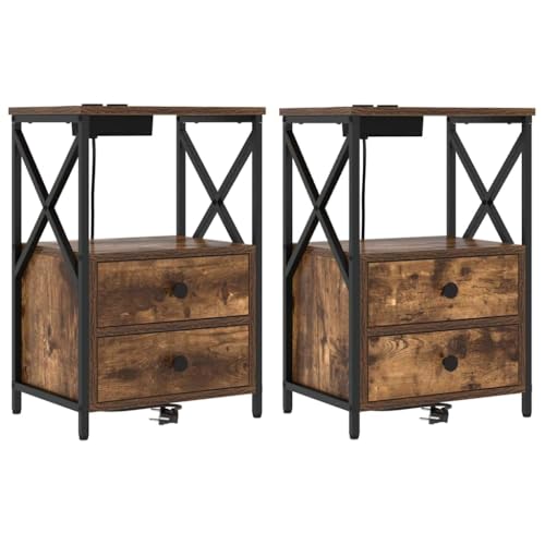 Tonture Nachttisch mit Ladestation 2er-Set, 40x31x60 cm Räuchereiche Holzwerkstoff, Eleganter Stahlrahmen, integrierte Steckdosen, ideal für Schlafzimmer von Tonture