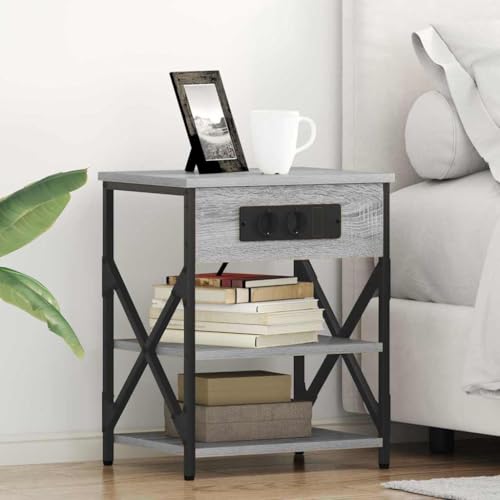 Tonture Nachttisch mit Ladestation 2er Set, Grau Sonoma Holzwerkstoff, 41x31x51 cm, integrierte Steckdose für Schlafzimmer, modern von Tonture