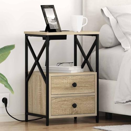Tonture Nachttisch mit Ladestation 2er Set, Sonoma Eiche Holzwerkstoff, 40x31x60 cm, mit 4 Schubladen, integrierter Steckdose, Stabiler Stahlrahmen für Schlafzimmer von Tonture