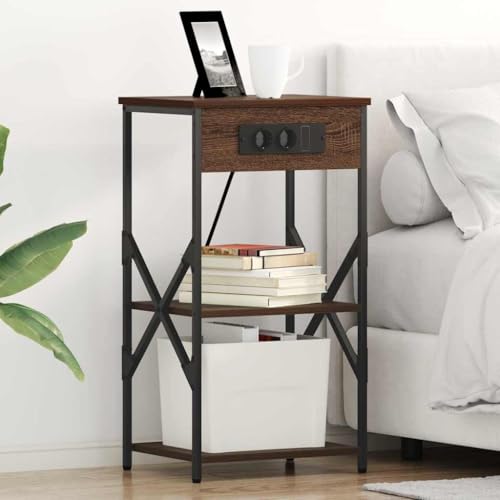 Tonture Nachttische 2er Set, Braune Eiche, 41 x 31 x 76 cm, Holzwerkstoff, mit 3 Regalen, Steckdose Typ A, für Schlafzimmer, Wohnheim, Stauraum von Tonture