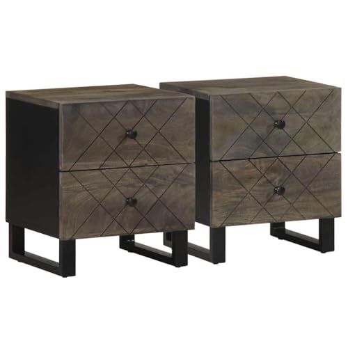 Tonture Nachttische 2er-Set Schwarz aus massivem Mangoholz, 40x33x46 cm, mit 2 Schubladen, robuster Beistelltisch für Schlafzimmer und Wohnzimmer von Tonture