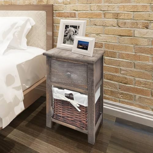 Tonture Nachttische 2er Set aus massivem Paulownia-Holz, braun, mit Schubladen und Weidenkörben, vielseitig als Beistelltisch für Schlafzimmer und Wohnzimmer Tonture Nachttische 2er Set aus massivem Paulownia-Holz, braun, mit Schubladen und Weidenkörben, vielseitig als Beistelltisch für Schlafzimmer und Wohnzimmer von Tonture