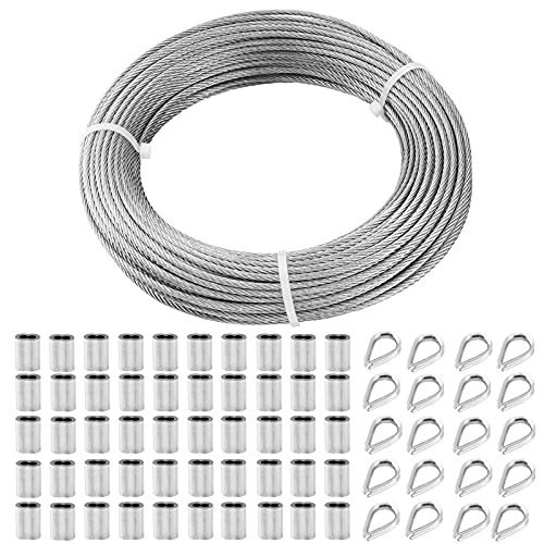 TooTaci Edelstahlseil 3mm,Stahlseil mit ösen,50M/3mm Drahtseil Edelstahl 7×7,mit Crimphülsen,Kauschen,Spanndraht für Zaun,Outdoor Light Hängen,Gardinen seil von TooTaci