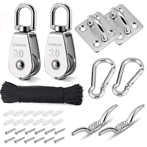 TooTaci M20 Umlenkrolle Edelstahl 304, Seilrolle Umlenkrolle set mit 4mm Nylon Riemenscheibe Seil 20M, Karabinerclip, Längliche Augenkissenplatte, Stollenhaken, Umlenkrollen für seile von TooTaci