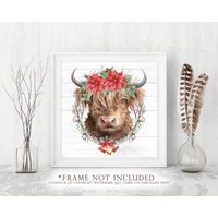 Highland Kuh Kunstdruck Cow Christmas Painting Poster Wall Art von ToodlesAndJay