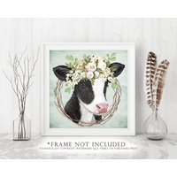 Holstein Kalb Kunstdruck Schwarz-Weißes Kalbsbild Baby Kuh Bild Mit Blumen Poster Süße Wandkunst von ToodlesAndJay