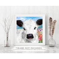 Weißes Miniatur-Galloway-Kalb Kunstdruck Kalb Bild Baby Kuh Mini Poster Süße Wandkunst von ToodlesAndJay