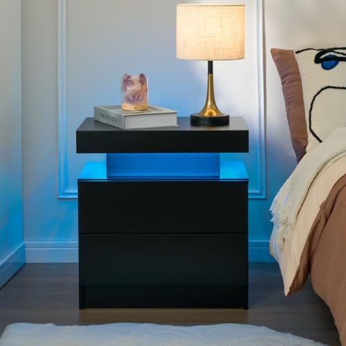 ToolArtess LED Nachttisch mit 2 Schubladen – Moderner Nachtschrank mit RGB-Beleuchtung & Hochglanzfront für Schlafzimmer (Schwarz) von ToolArtess